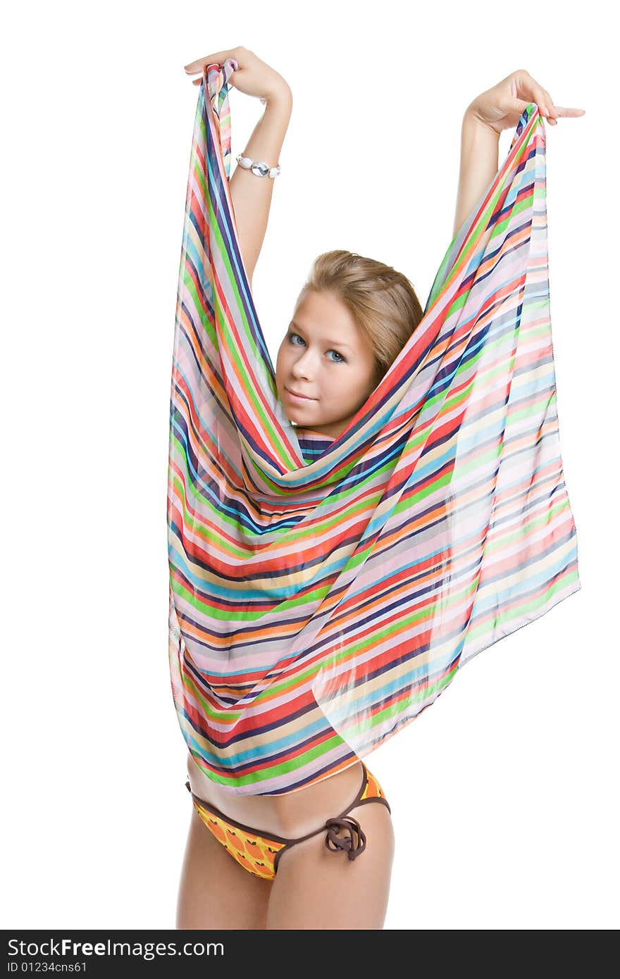 Beautiful girl in a bathing suit with a striped silk scarf isolated on a white background. Beautiful girl in a bathing suit with a striped silk scarf isolated on a white background