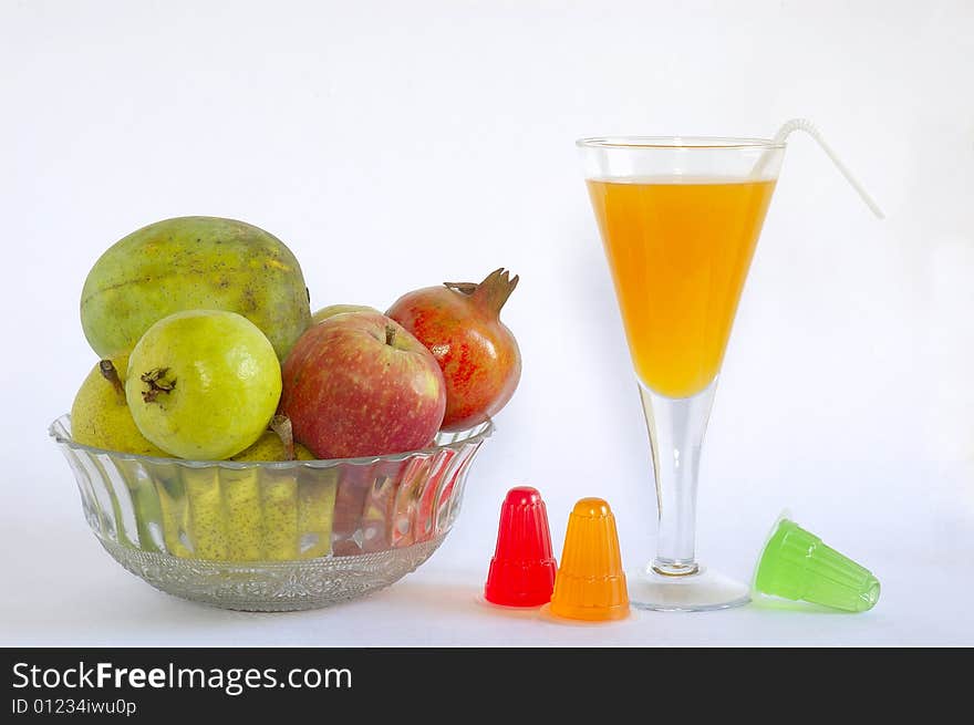 Still life with fruits & fruits juice on white background. Still life with fruits & fruits juice on white background.