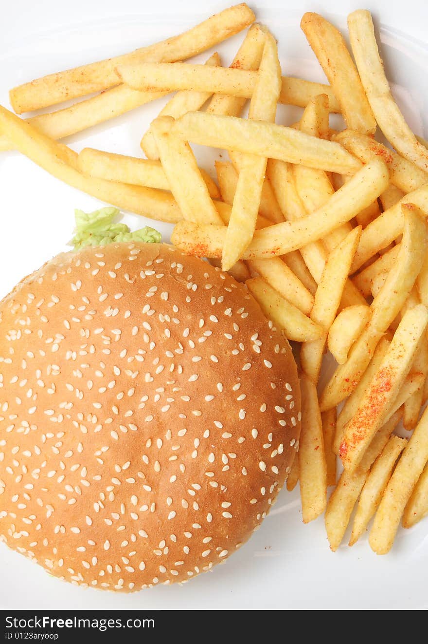 Hamburger and fries on white, on white dish, very tasty looking. Hamburger and fries on white, on white dish, very tasty looking