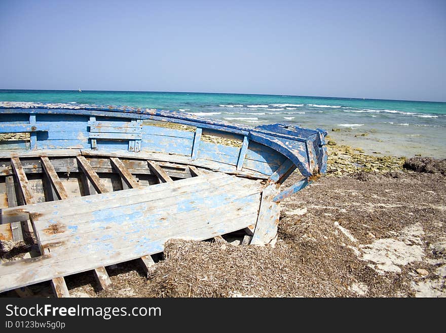 Shipwreck on a seashore in Africa, Tunisia.