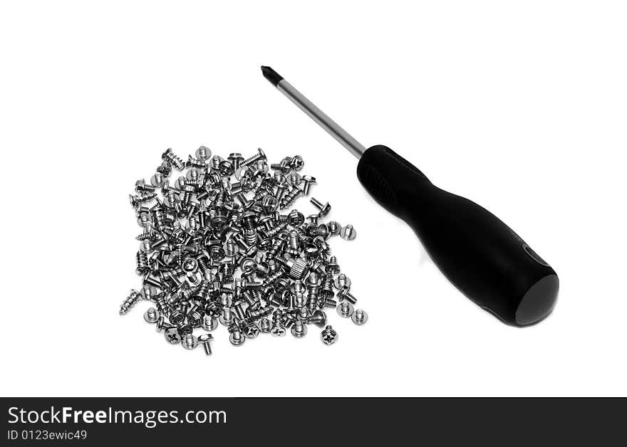 Group screw and screw-driver on white background