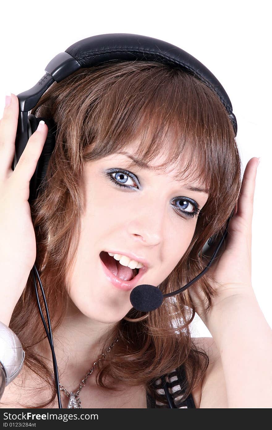 Pretty girl with headphones and microphone, isolated on white