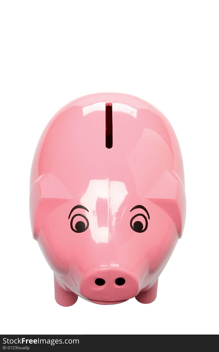 A pink piggy bank isolated on white, shot from slightly above the front. A pink piggy bank isolated on white, shot from slightly above the front