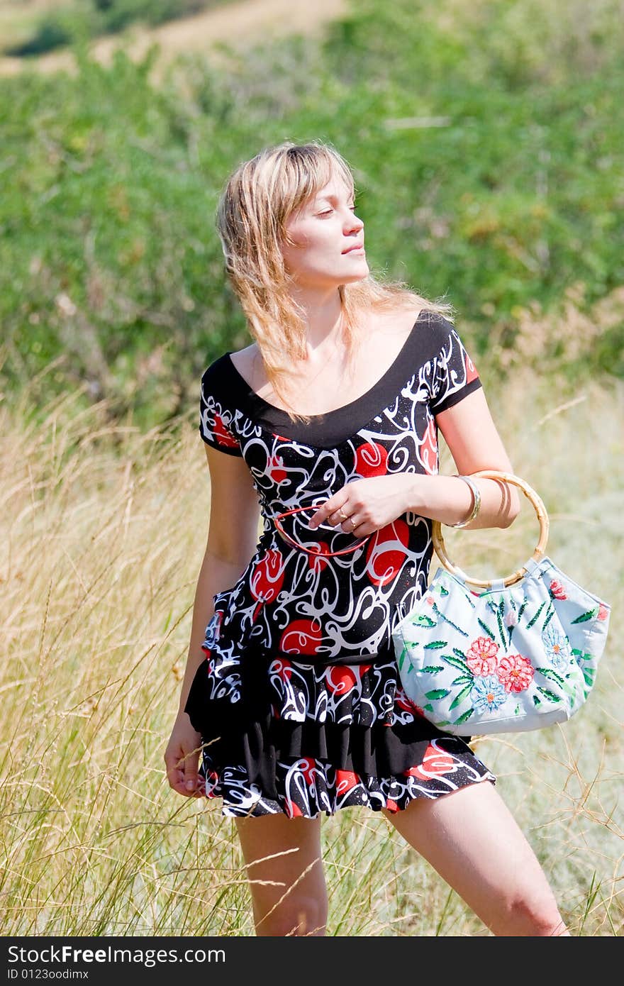 Beautiful young lady with handbag on green meadow