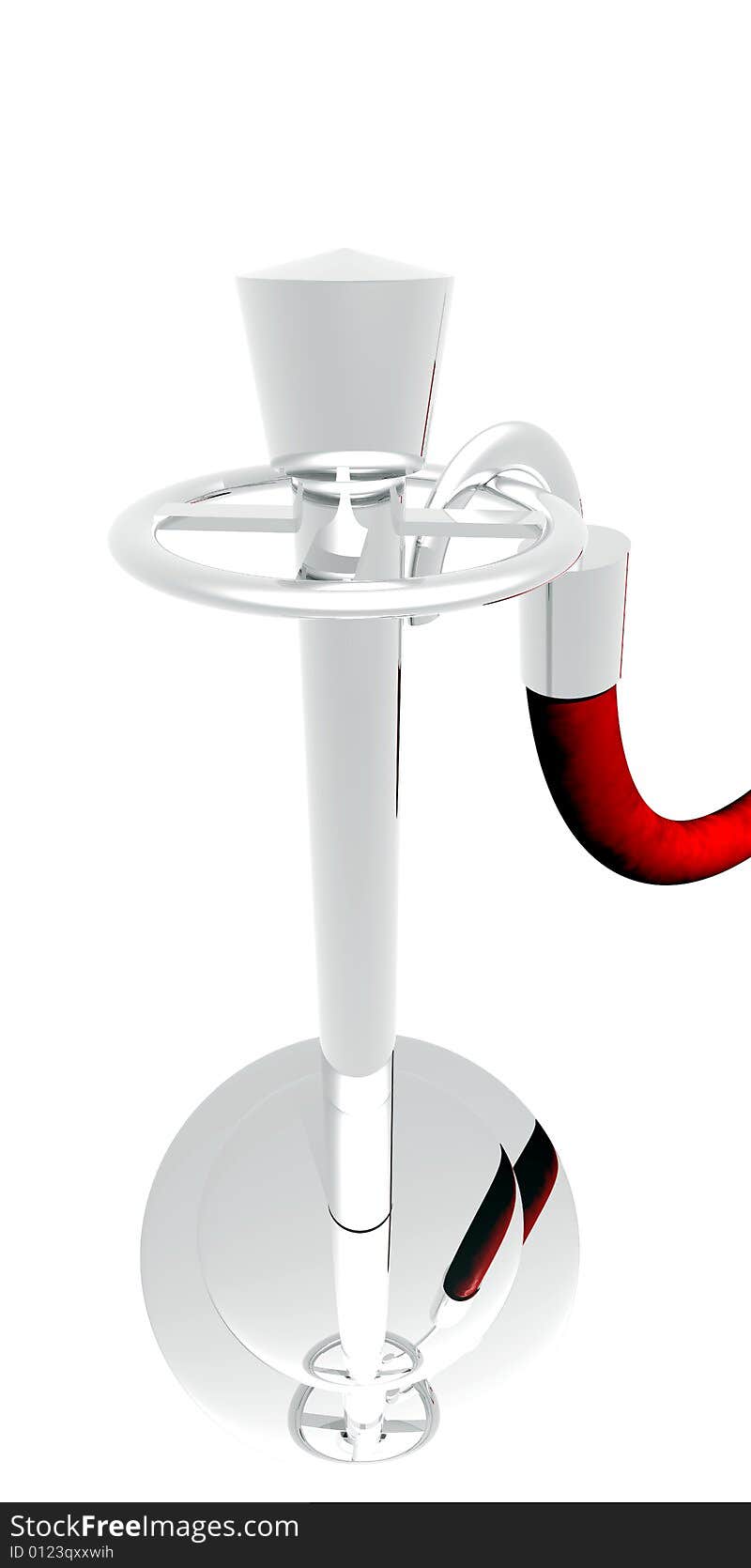 A silver stanchion with a red rope illustrated on a white background. A silver stanchion with a red rope illustrated on a white background.