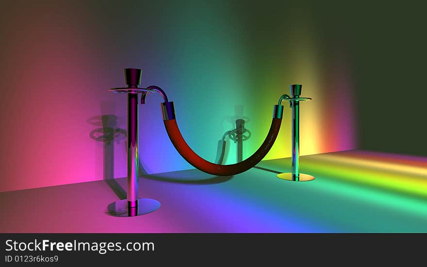 A pair of stanchion barriers lit up in rainbow lighting. A pair of stanchion barriers lit up in rainbow lighting.