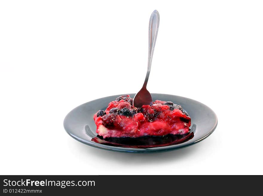 Closeup of a delicious strawberry pie on white background.