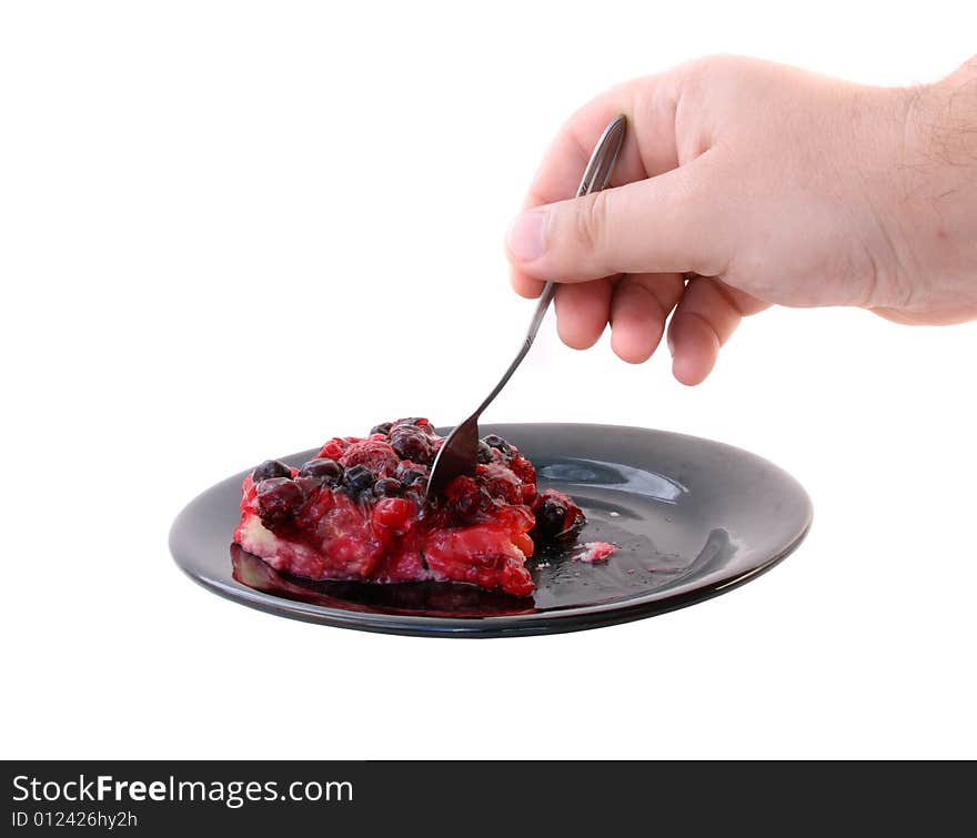 Closeup of a delicious strawberry pie on  white background.