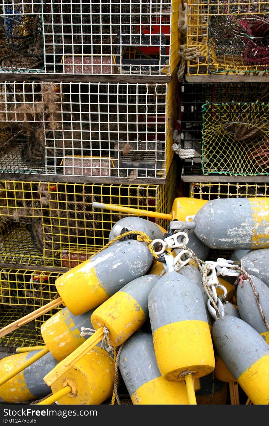 Lobster traps and buoys