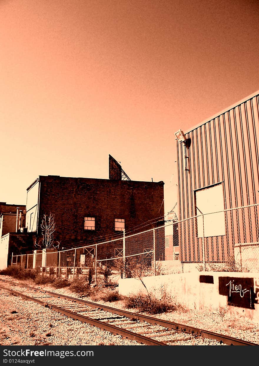 An old railroad sits on the edge of town