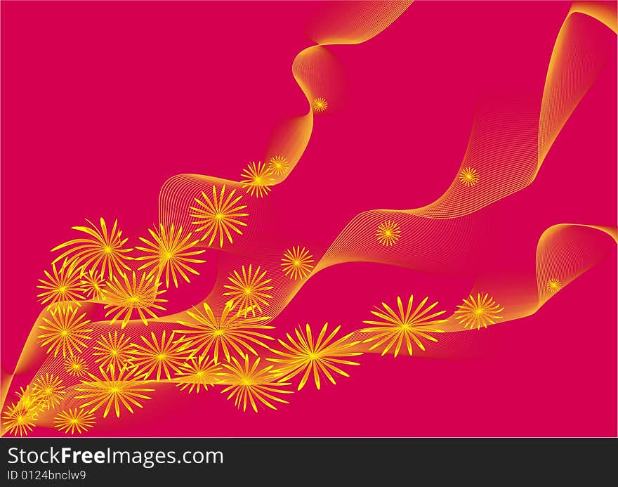 Lines decorated yellow flower on red background. Lines decorated yellow flower on red background