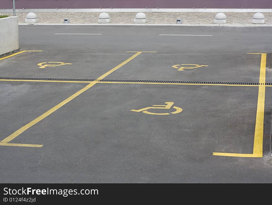 Yellow parking sign for handicapped people. Yellow parking sign for handicapped people