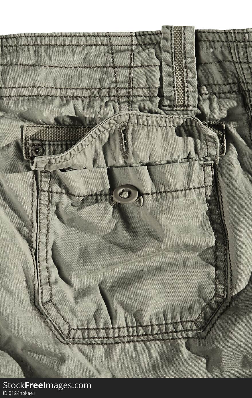 Open khaki pants pocket,crumpled, textured, isolated