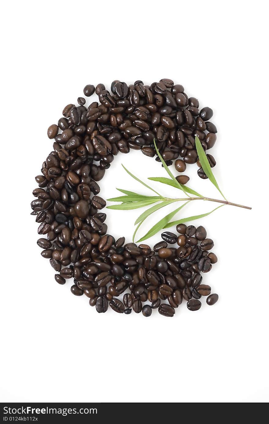 Closeup shot of coffee beans against white background with Tarragon herb