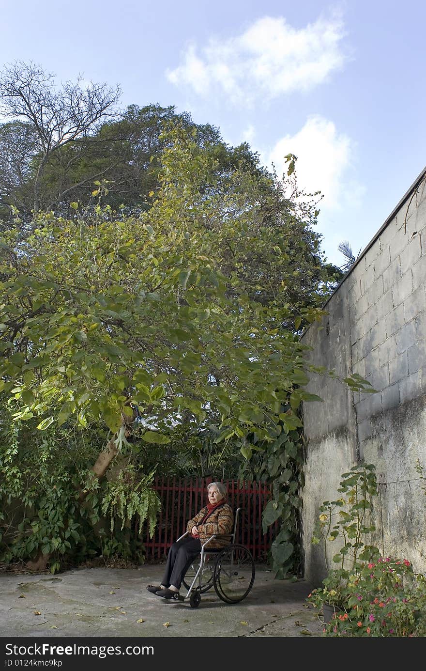 An elderly woman is sitting in a wheelchair in a garden. She is staring off into the distance. Vertically framed shot. An elderly woman is sitting in a wheelchair in a garden. She is staring off into the distance. Vertically framed shot.