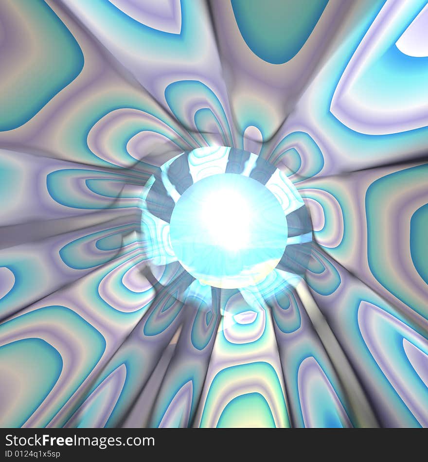 A Crystal Ball centered kaleidoscope of aqua blue colors. A Crystal Ball centered kaleidoscope of aqua blue colors
