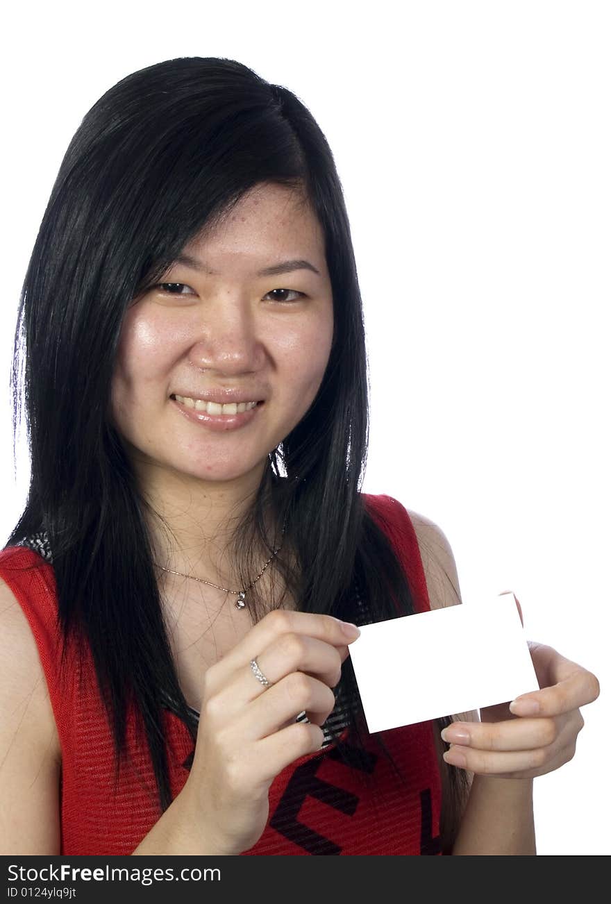 Business woman handing a blank card over a white background. Business woman handing a blank card over a white background