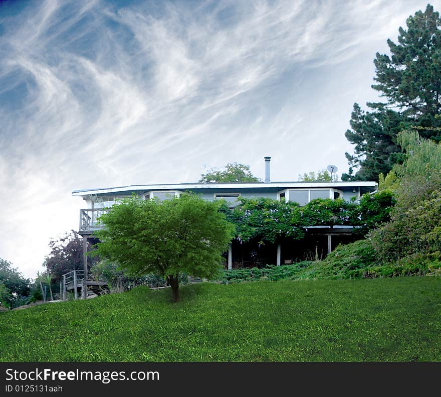 A huge new luxury home at sunset