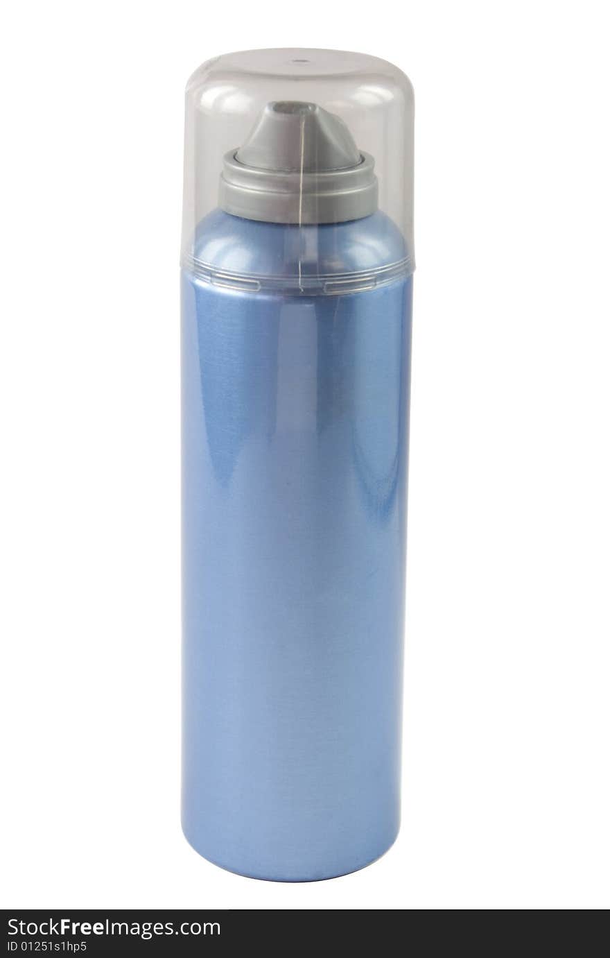 The dark blue aerosol stands on a cover on a white background is isolated.