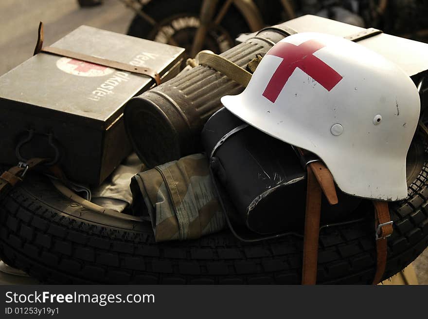 Helmet and gun on the motor-cycle. Helmet and gun on the motor-cycle