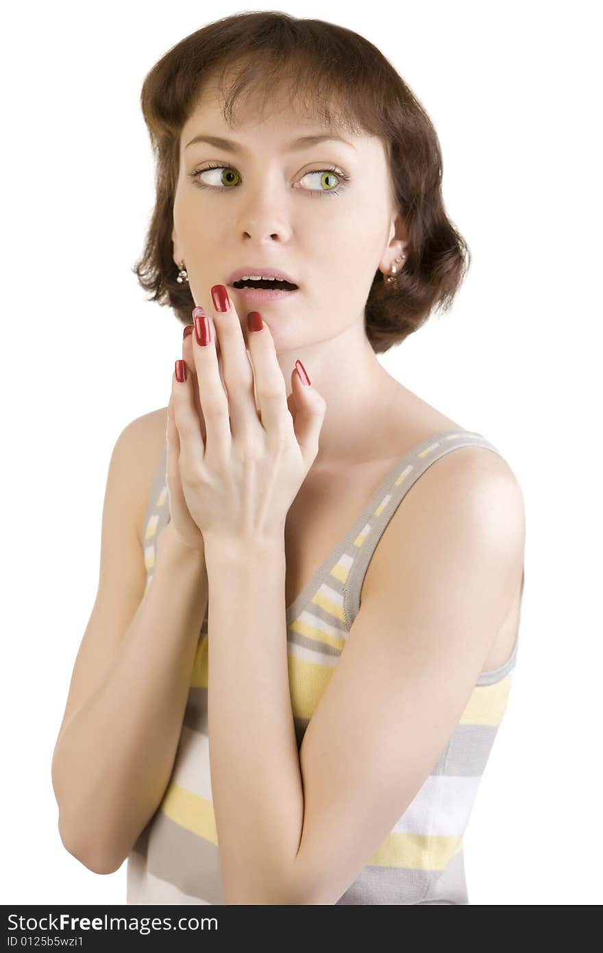 A photo of young beautiful surprised woman over white