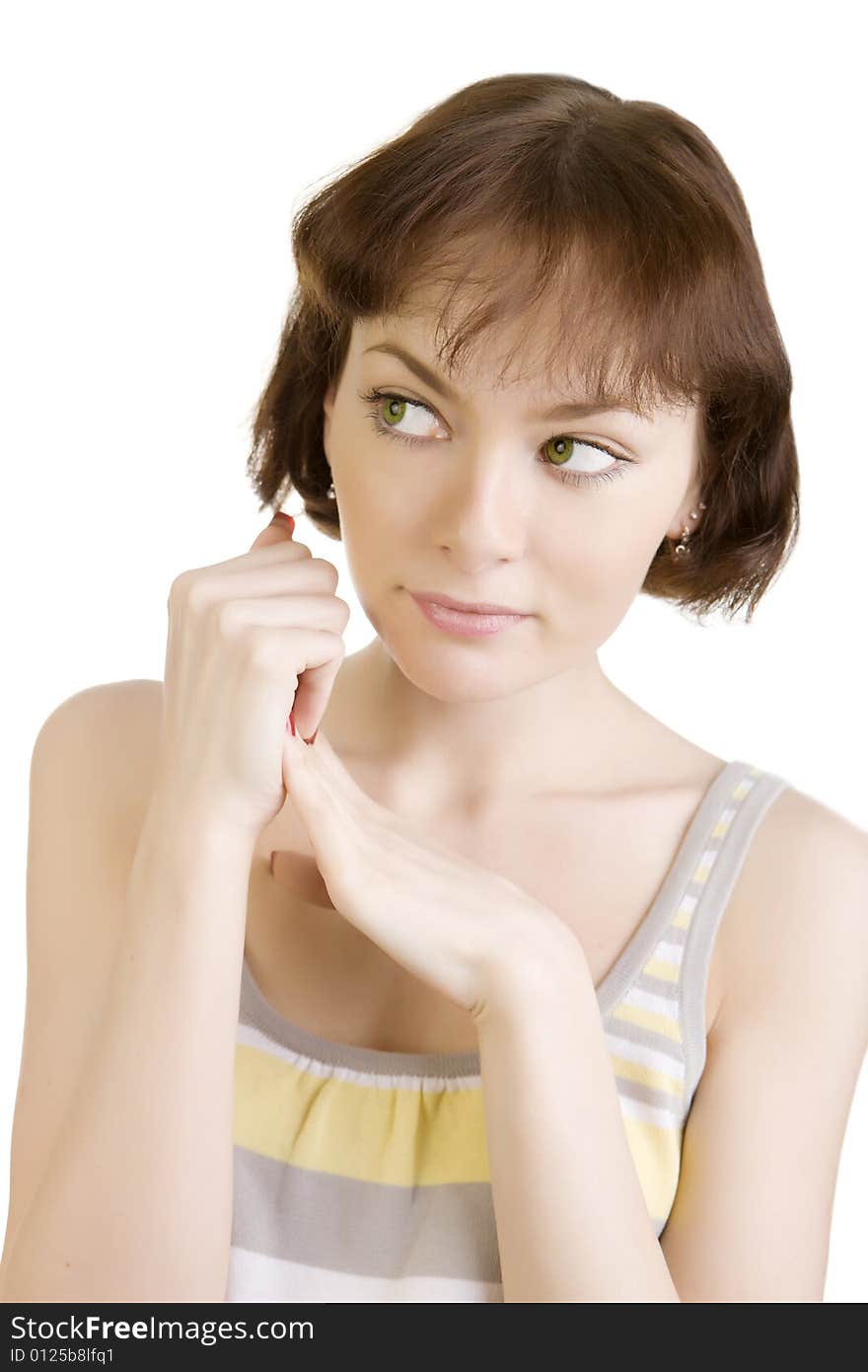 A photo of young beautiful surprised woman over white