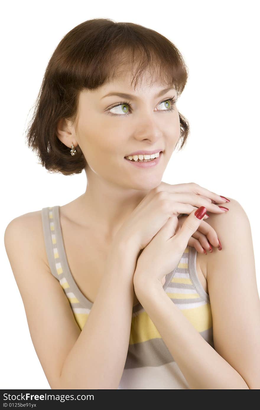 A photo of young beautiful happy surprised woman over white. A photo of young beautiful happy surprised woman over white