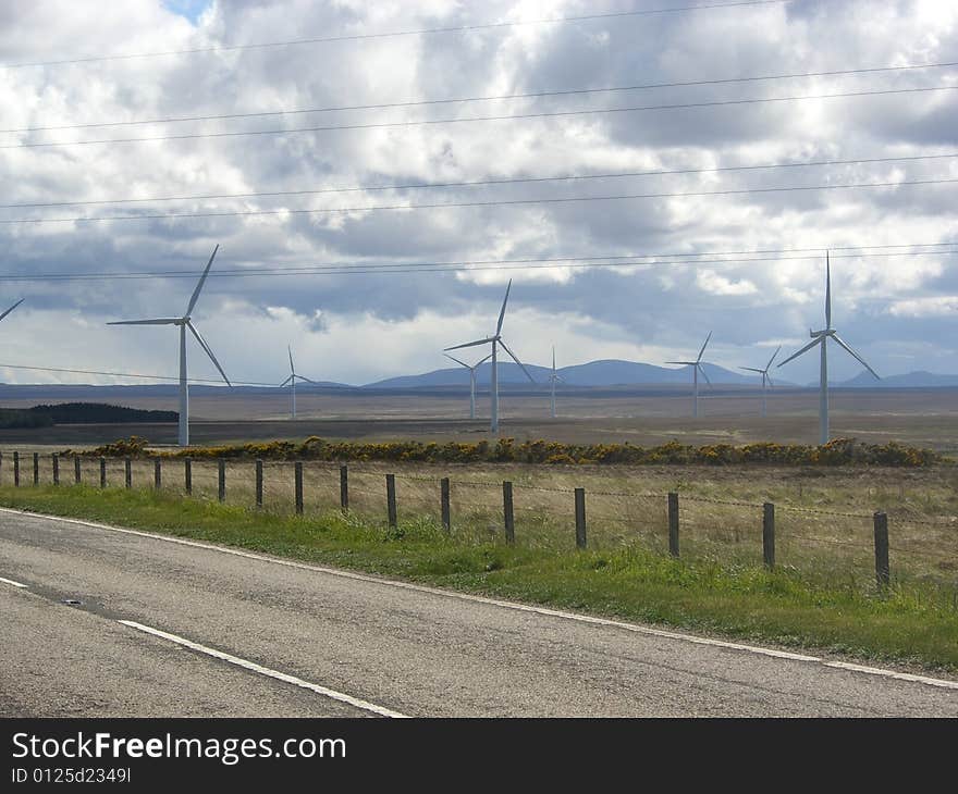 Wind farm beside road Sutherland Scotland