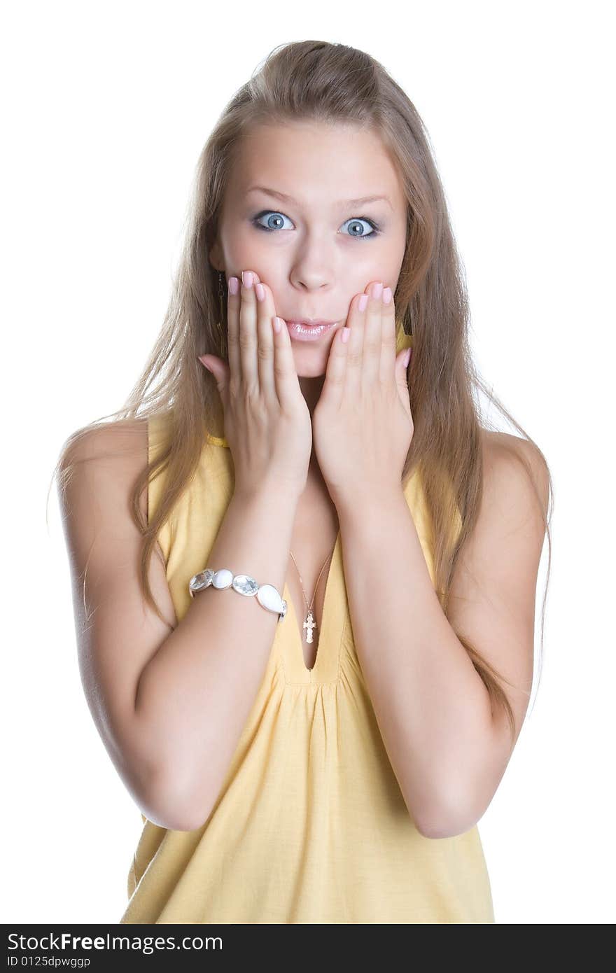 Beautiful girl with the surprised face isolated on a white background. Beautiful girl with the surprised face isolated on a white background