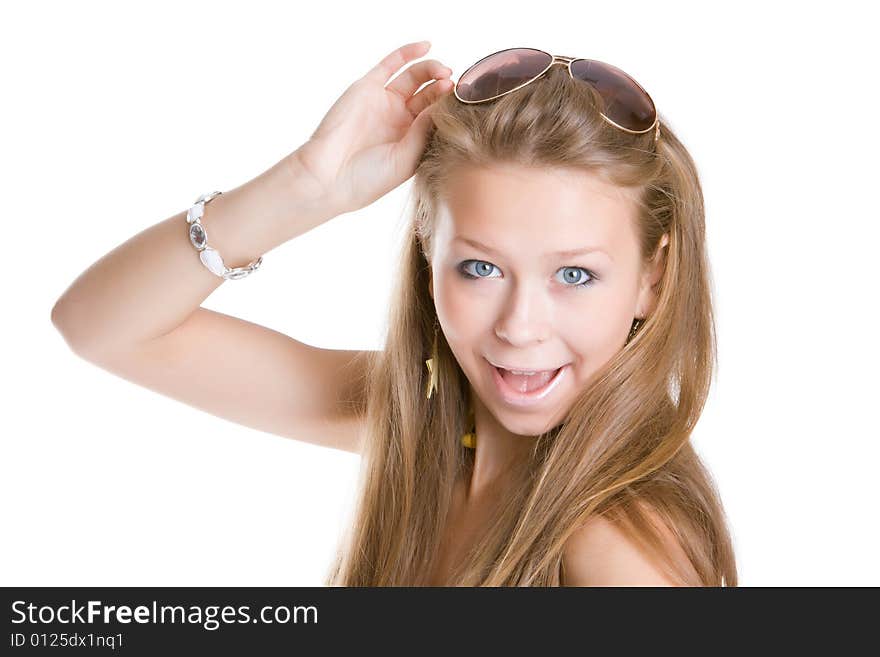 Beautiful girl with the surprised face isolated on a white background