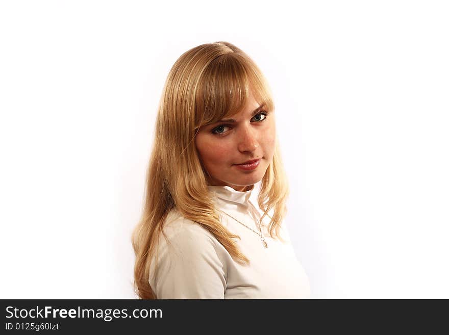 Girl with necklace on white background