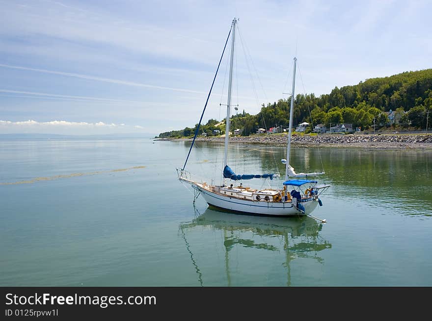 Sail boat on a calm river surrounded by a mountain