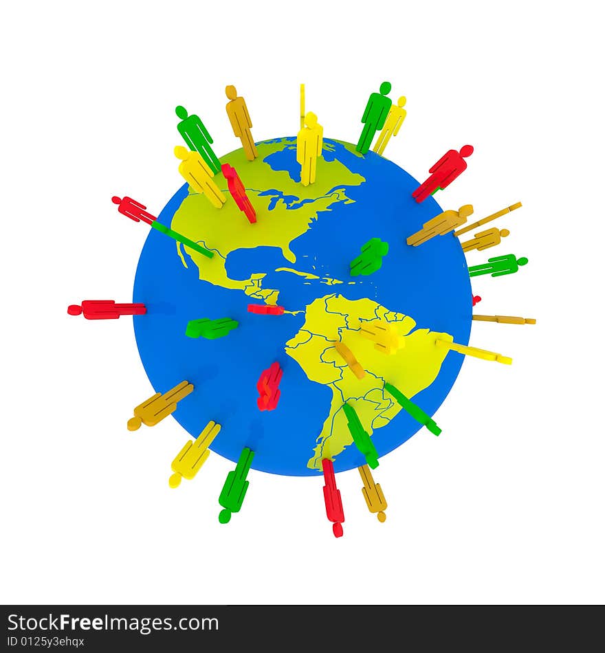 Colored man symbols placed random on world globe. Colored man symbols placed random on world globe