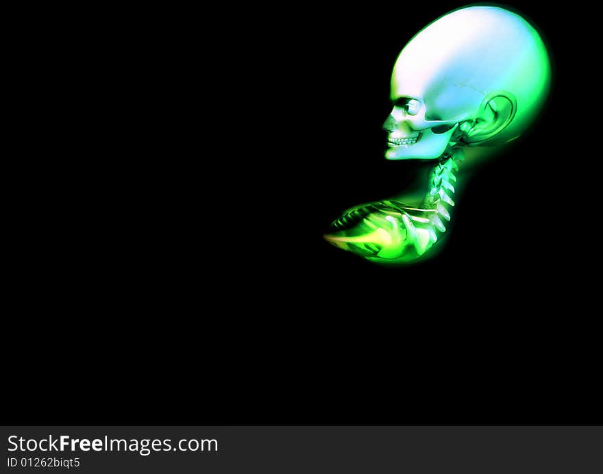 A distorted green skeleton that would make an interesting medical or Halloween image.