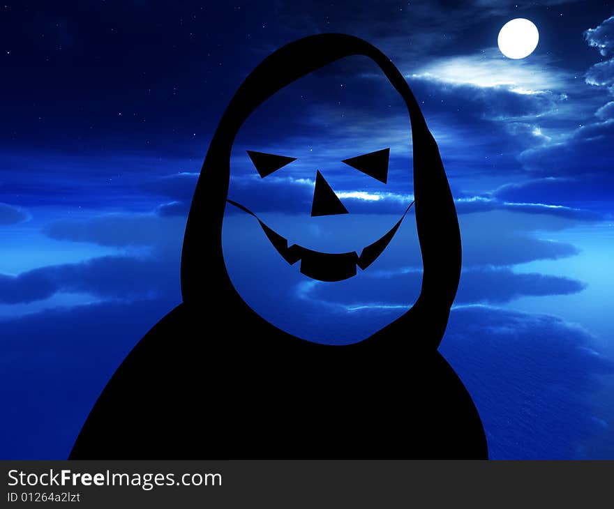 A cartoon version of death with a nightime background. A cartoon version of death with a nightime background.