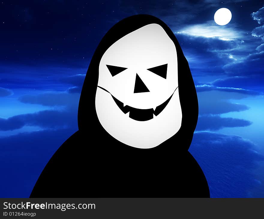 A cartoon version of death with a nightime background. A cartoon version of death with a nightime background.