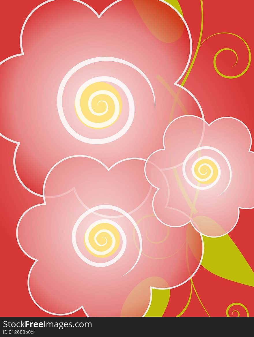 A background illustration featuring light pink flowers with spiral white centers on red. A background illustration featuring light pink flowers with spiral white centers on red