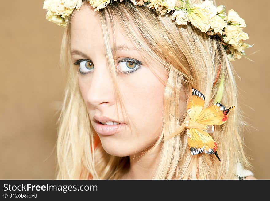 Natural beautiful women with diadem and butterfly. Natural beautiful women with diadem and butterfly