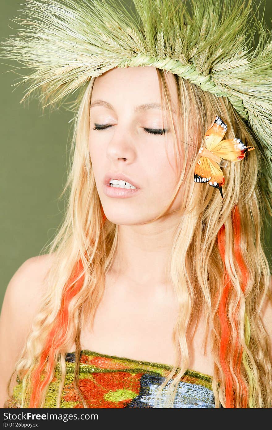 Natural beautiful women with diadem and butterfly in hair. Natural beautiful women with diadem and butterfly in hair