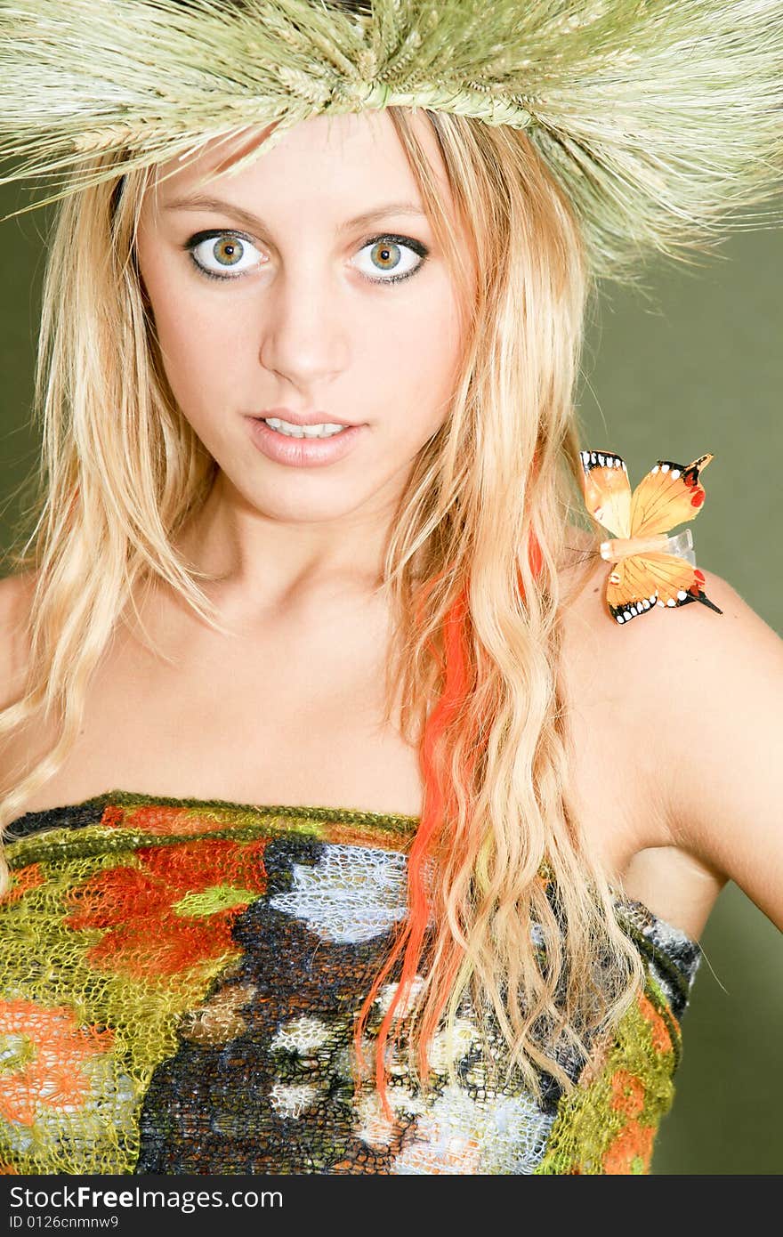 Natural beautiful women with diadem and butterfly in hair. Natural beautiful women with diadem and butterfly in hair