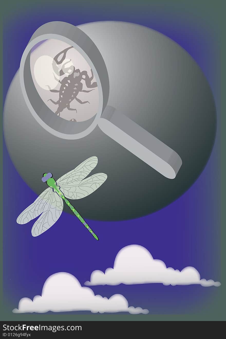 Scorpion on the moon under a magnifying glass watched by dragonfly