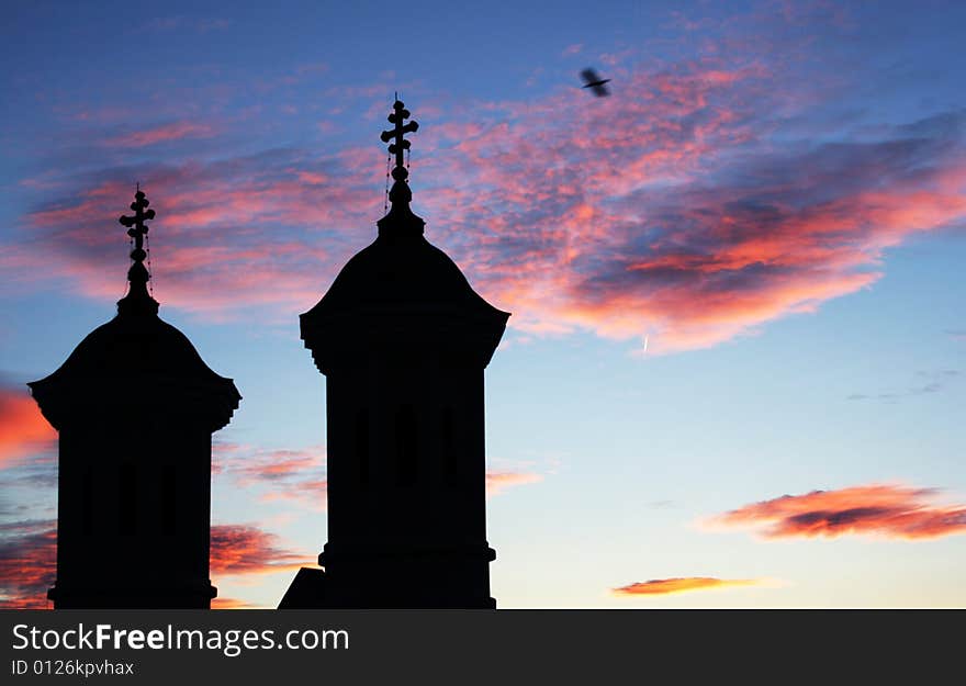 Church towers silhouette and blue sky. Church towers silhouette and blue sky