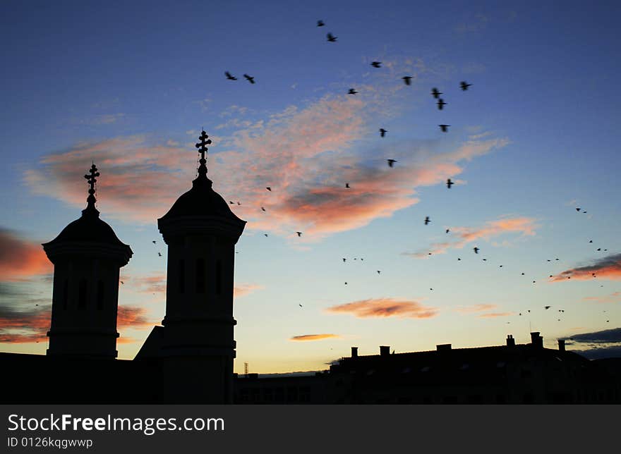 Church towers silhouette and blue sky. Church towers silhouette and blue sky