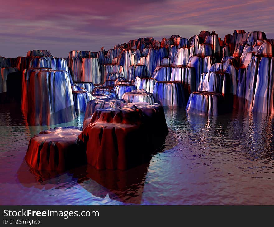 Rendered rock formations with red and blue light