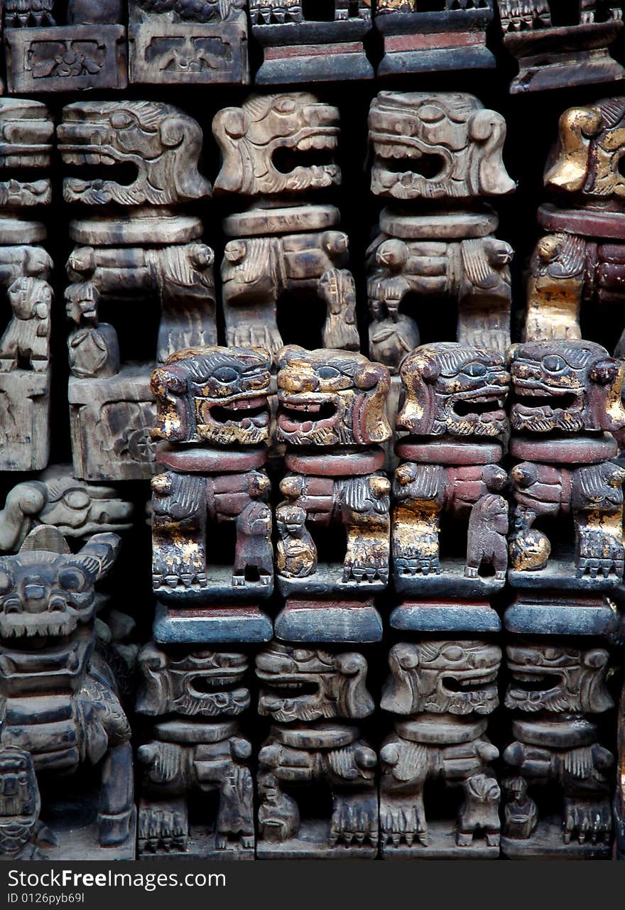 Close up of wooden carving in China