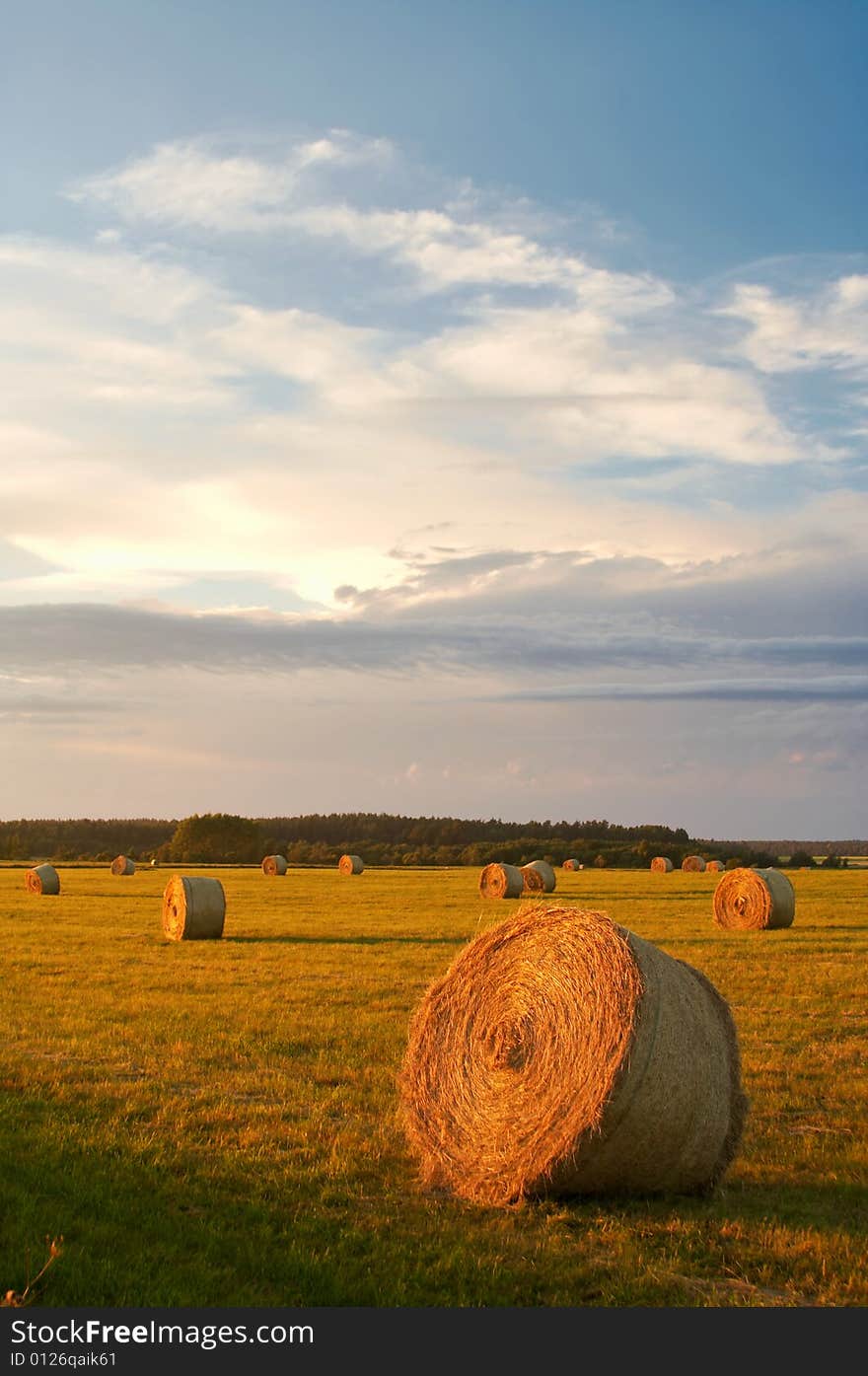 Stacks in the field in sunset