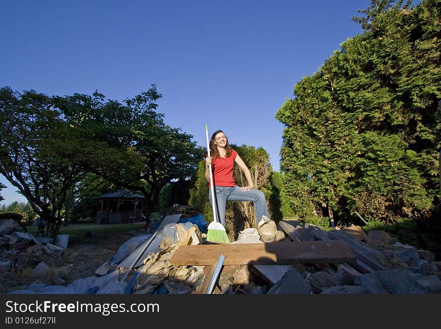 Woman in a Pile of Rubble -Horizontal