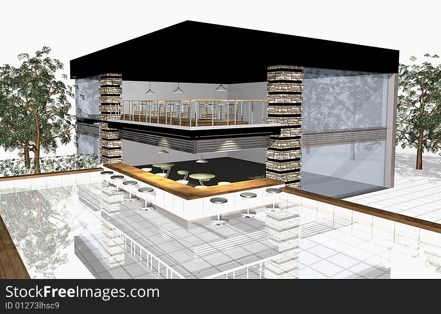 3D render of modern house exterior with bar and swimming pool
