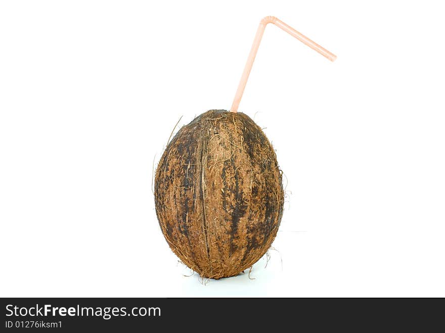 Single coconut with straw isolated on the white background