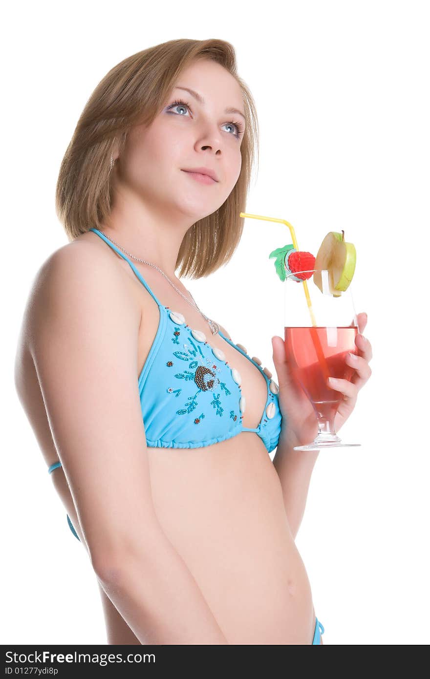 Beautiful girl with a cocktail isolated on a white background. Beautiful girl with a cocktail isolated on a white background